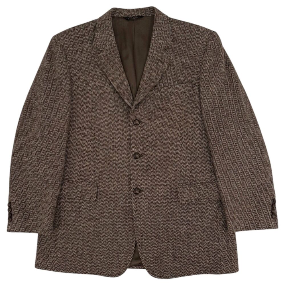 Vtg 90s Harris Tweed x Jos A Bank Blazer BrownHerringbone 3 Button Wool 43R